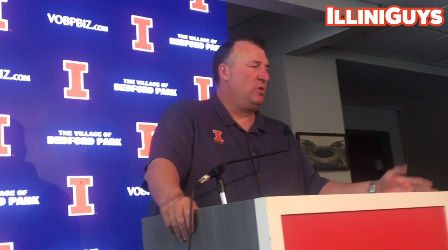 Illini football coach Bret Bielema speaks to reporters on Media Day