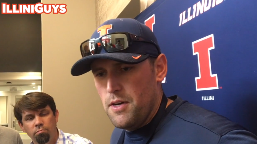 Illini offensive line coach Bart Miller talks after practice