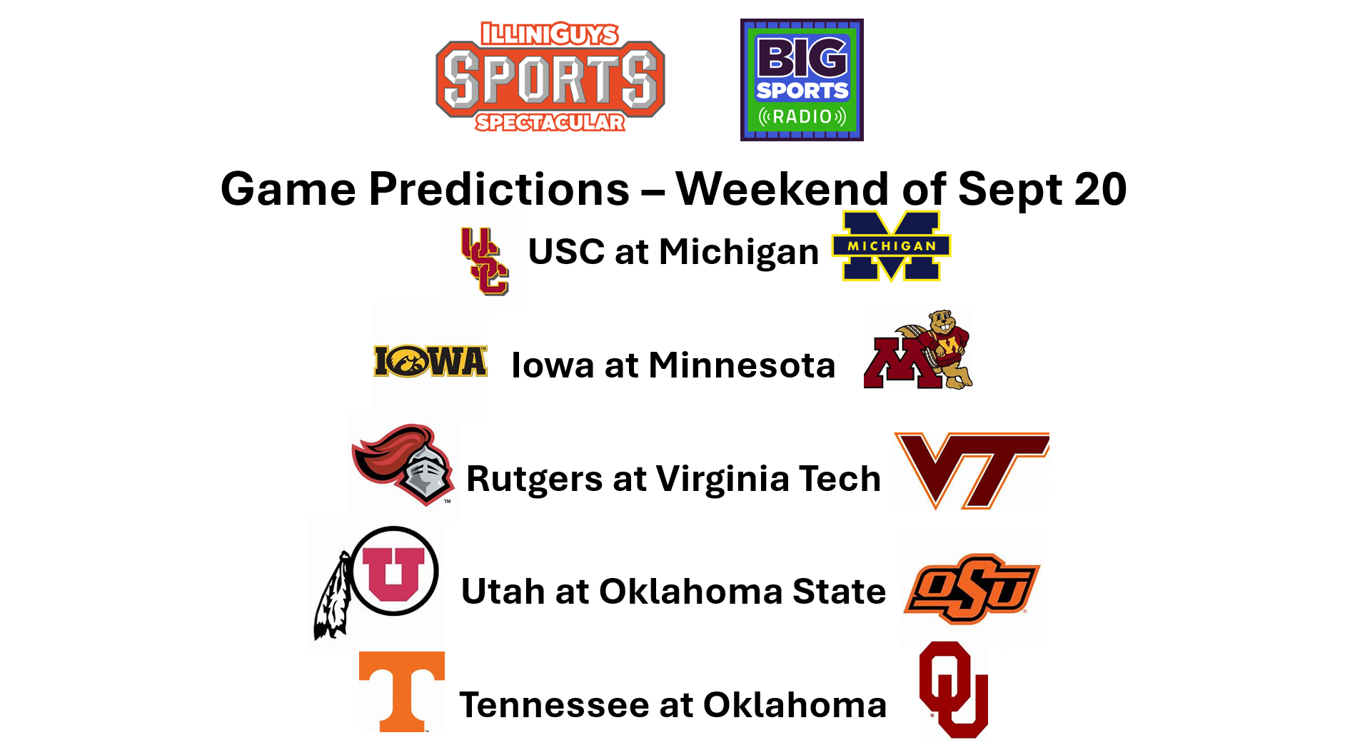 Game Predictions: USC at Michigan, Iowa at Minnesota, Rutgers at Virginia Tech, Utah at Oklahoma State & Tennessee at Oklahoma - IlliniGuys Sports Spectacular - Sept 20 Weekend - YouTube Edition