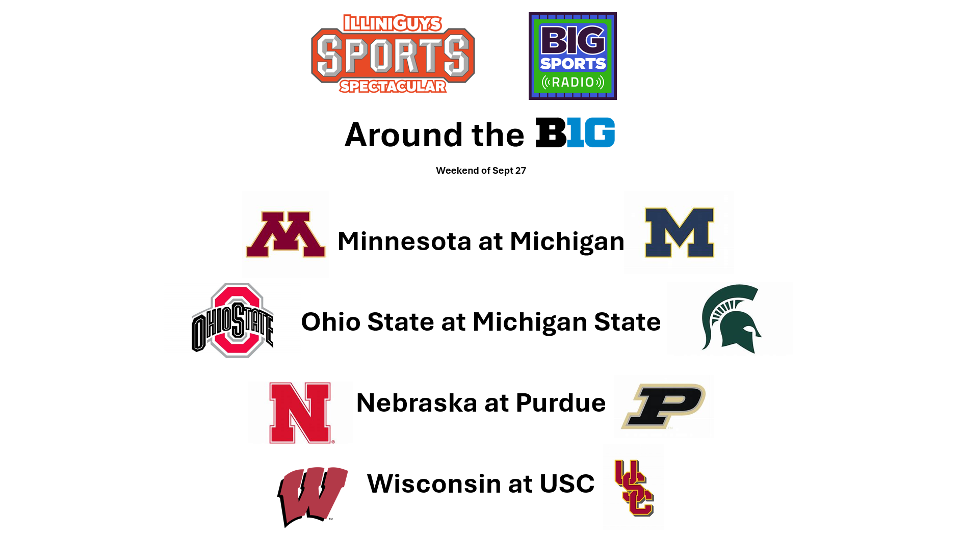 Around the B1G - Minn at Mich, Ohio St at Mich St, Neb at Purdue & Wisc at USC - IlliniGuys Sports Spectacular - Sept 27 Weekend - YouTube Edition