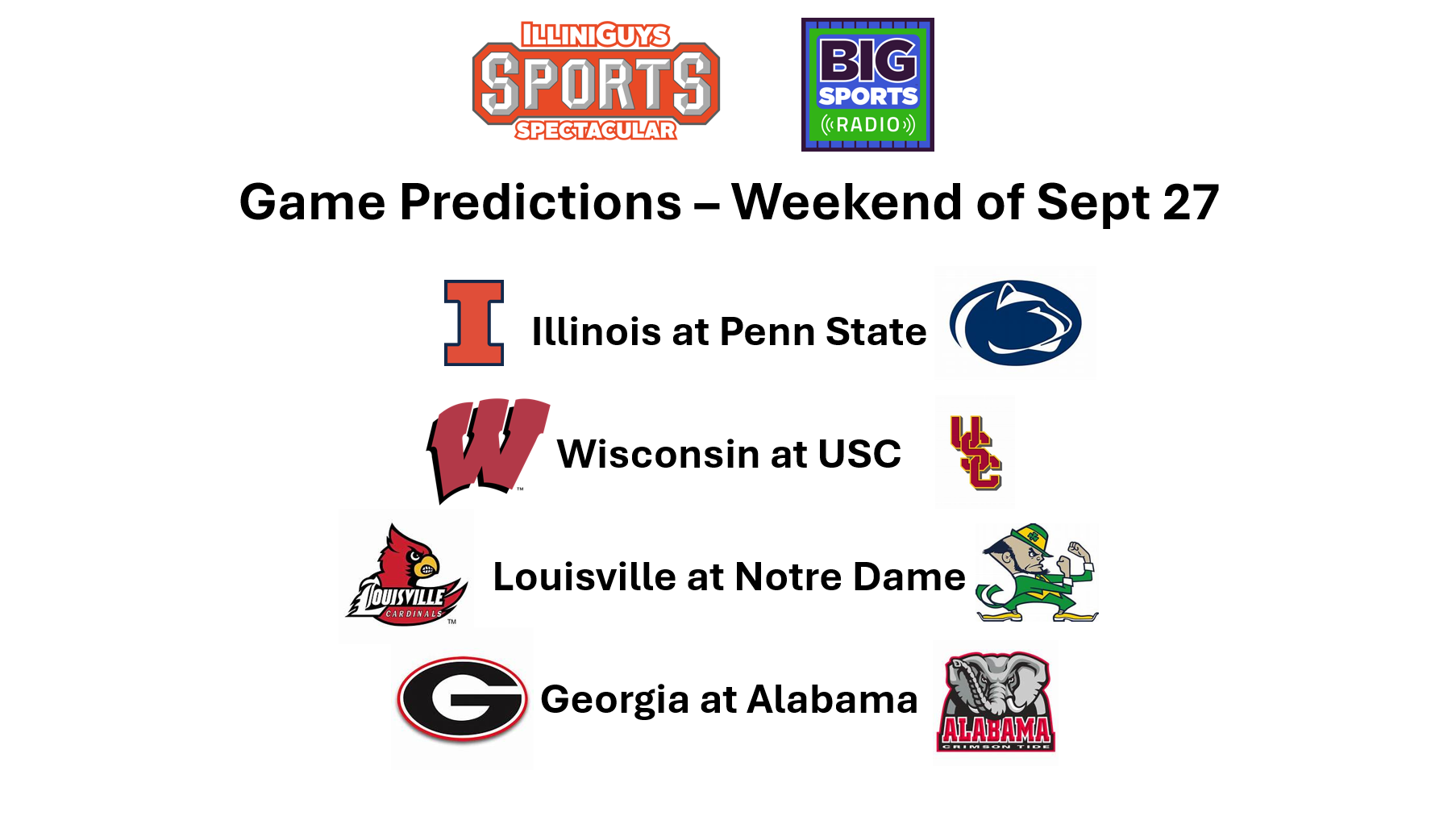 Game Predictions IL vs PSU, Wisc vs USC, Louisville vs ND, vs