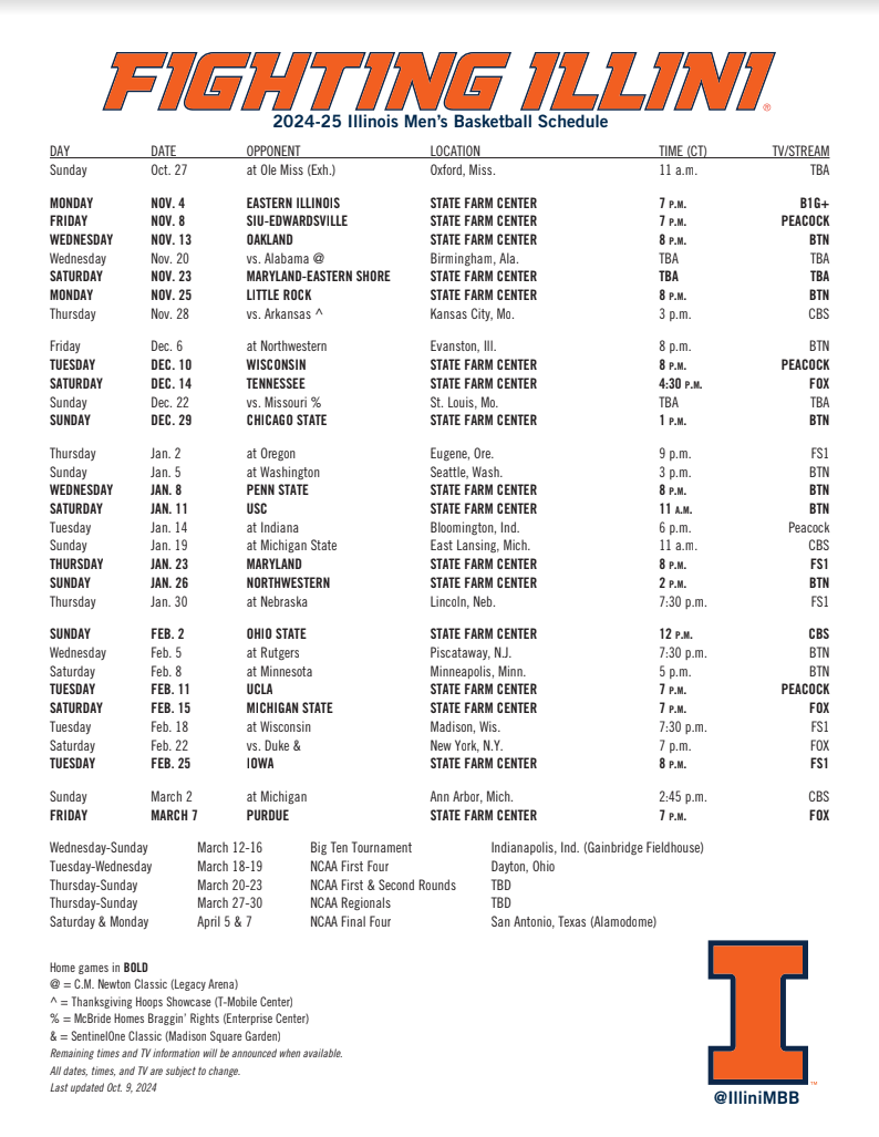Illinois Men's Basketball TV Schedule Released