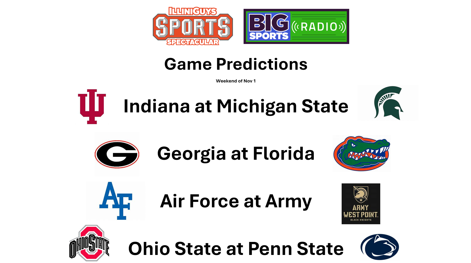 Game Predictions - Indiana at Mich St, Georgia at Florida, Air Force at Army & Ohio St at Penn St - IlliniGuys Sports Spectacular - Nov 1 Weekend - YouTube Edition